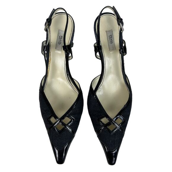 Prada Vintage Y2K Black Tweed Patent Leather Pointed Toe Slingback Kitten Heels - Picture 2 of 7